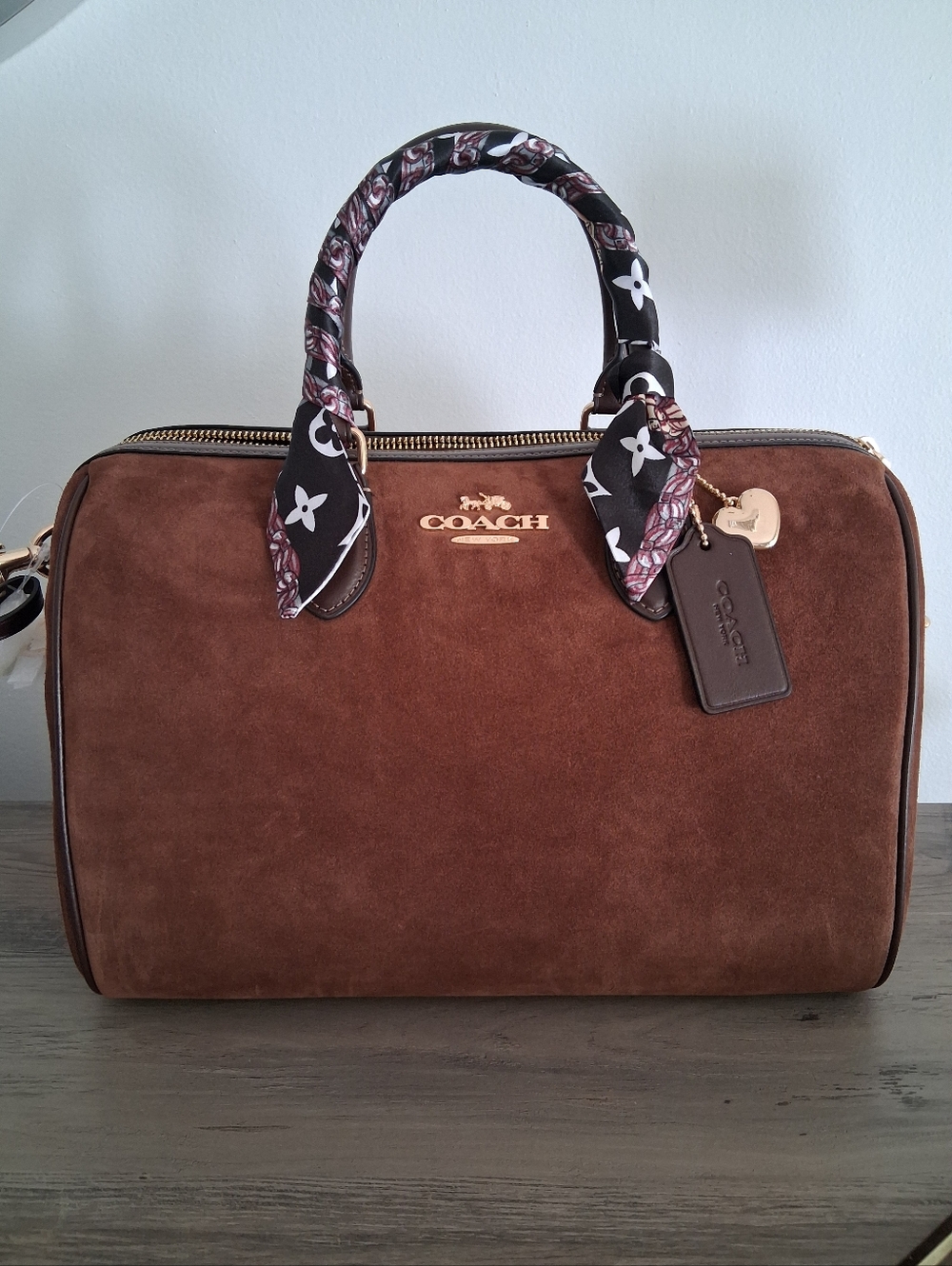 NWT 100% Authentic Coach Suede Rowan Large Satchel Coach Heart Charm,  Bag Scarf
